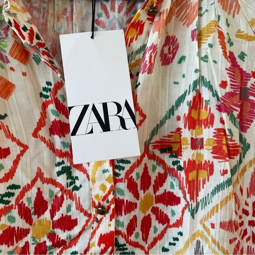ZARA Dress Size Small Multicolor Metallic Bright Printed Midi Balloon Sleeves - Picture 4 of 6